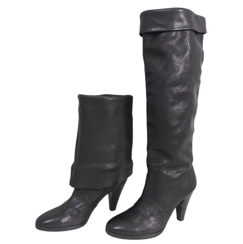Michael Kors Women Slouchy Foldable Knee High Heeled Boots Size 7 Black Leather